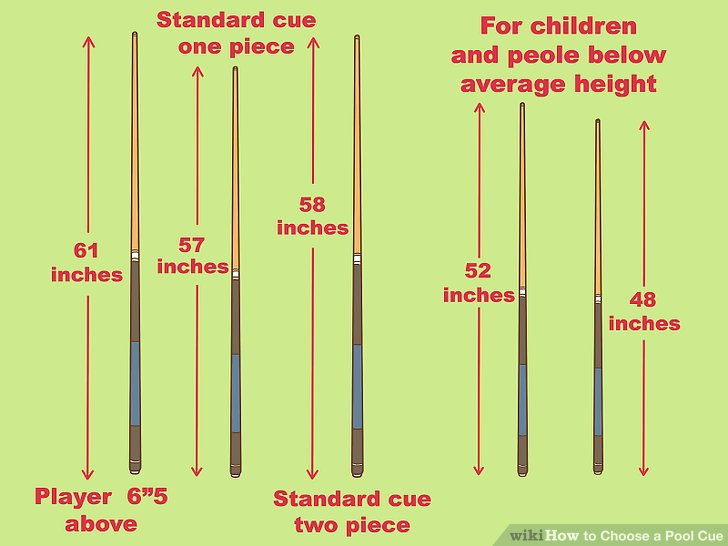 How to choose a Pool Cue length? Pool Cues that are made available at community halls, clubs and such places where Pool tables are meant for the use of the public would have the standard Pool cues within the average lengths available. Playing without a specific length preference would be conducive to a good learning cycle because that would expose us to grasp by experience as to how we are faring with the different lengths. Over a period we may be able to know by the experience gained as to which length would be the best in our hands and how best we are getting our shots at the ball and then decide on the length that we would prefer. If we are looking for the right Pool Cue length for our use, it does not offer many choices as they are made with average lengths of between 57 and 59 inches (140 to 150 cms). It is a very generally accepted fact that, if we are short in stature a longer Pool Cue would be ideal as we could reach the balls at a point further from us on the Pool Table and if we are taller then it would be the opposite. In any case, it would be our prerogative to check it out on a Pool Table, as to which length of Pool Cue would be most comfortable for us and how best we could play effectively and to the best of our ability. The Pool cue meets the ball at a lateral angle and the force with which the ball is hit and the angle at which the two touch each other is what makes the ball to move forward, and either be pocketed or not. There is one factor which would be quite relevant to an extent, and that would be our choosing of either a one or two piece Pool Cue, in which we could take along a couple or more of different lengths enabling us a choice at the Pool Table.