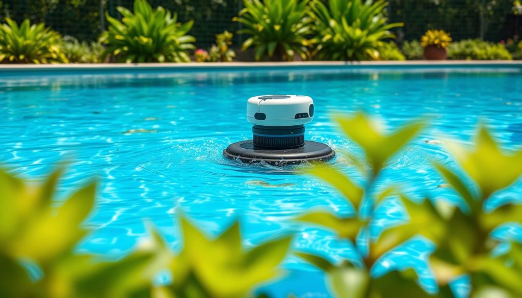 Automatic pool skimmer removing debris from water surface