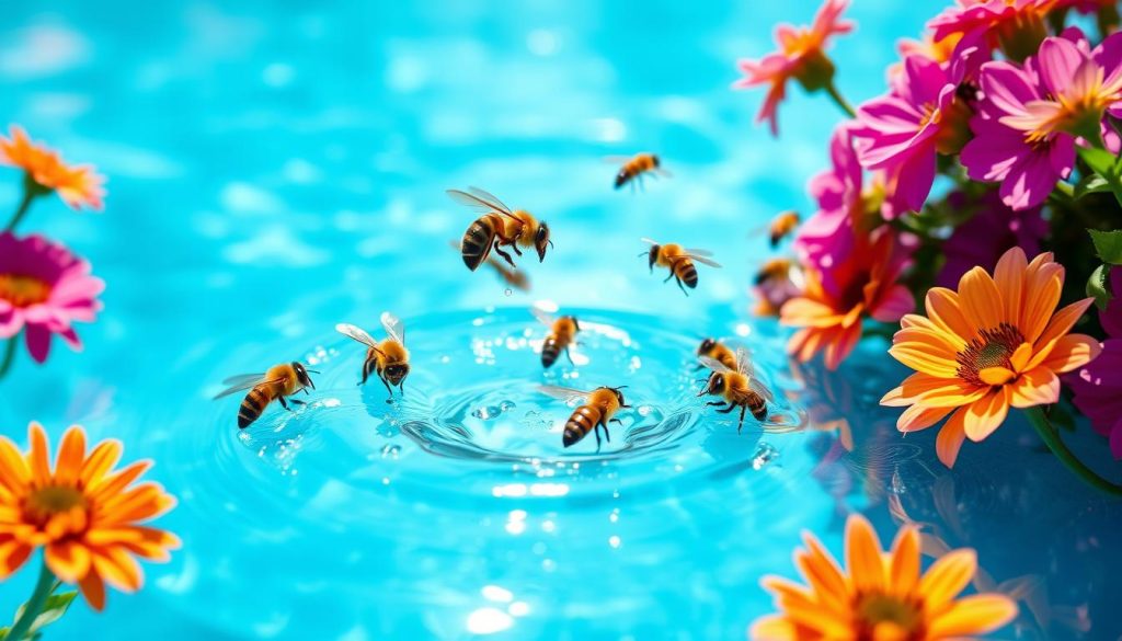 Bees gathering water from a pool