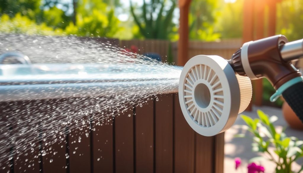 Cleaning hot tub filters with high-pressure hose