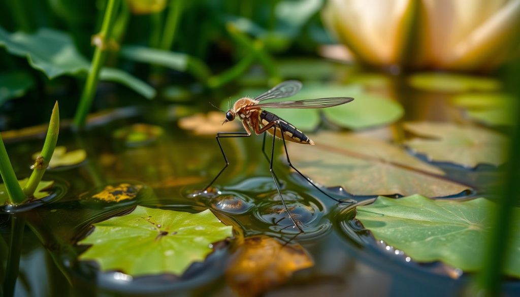 Female mosquito laying eggs in stagnant water