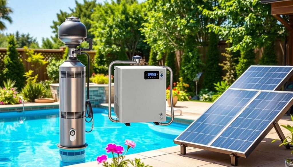 gas pool heater, electric heat pump, solar pool heating