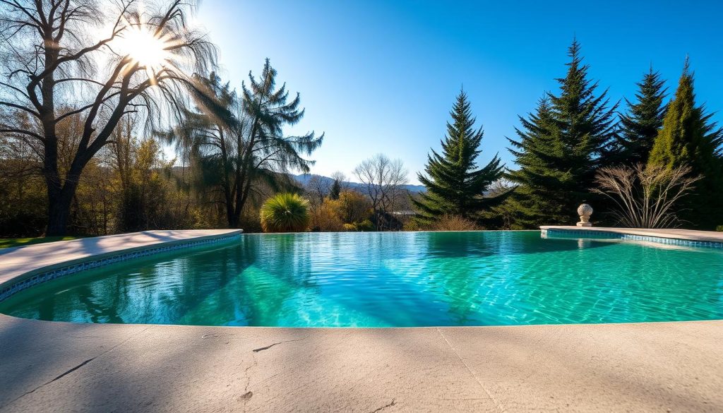 grünes wasser im pool nach dem winter